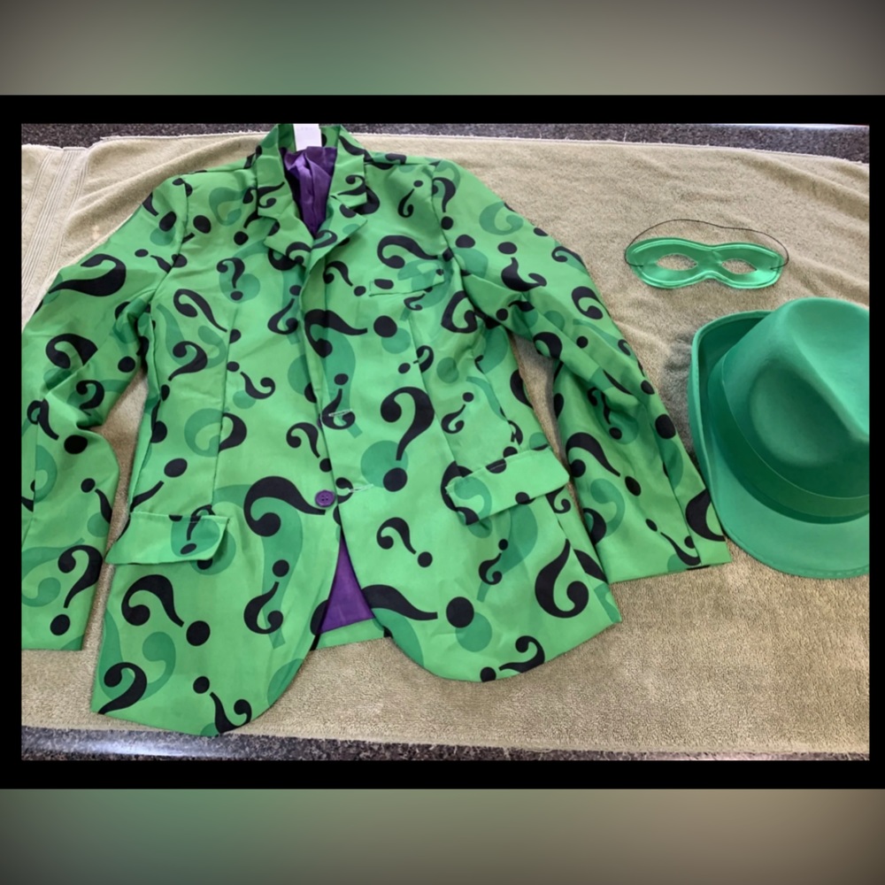 Riddler Batman Suit Jacket, Bowler Hat, Mask Costume DC Boys XL 14-16